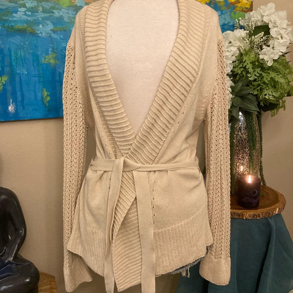 Cardigan, cream colored tie waste thick collar long sleeve knit cardigan ribbed
